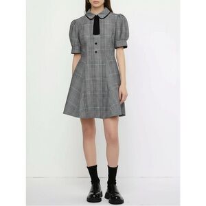 Valfré Gray Plaid Mini Dress with Black Ribbon and Puff Sleeves
